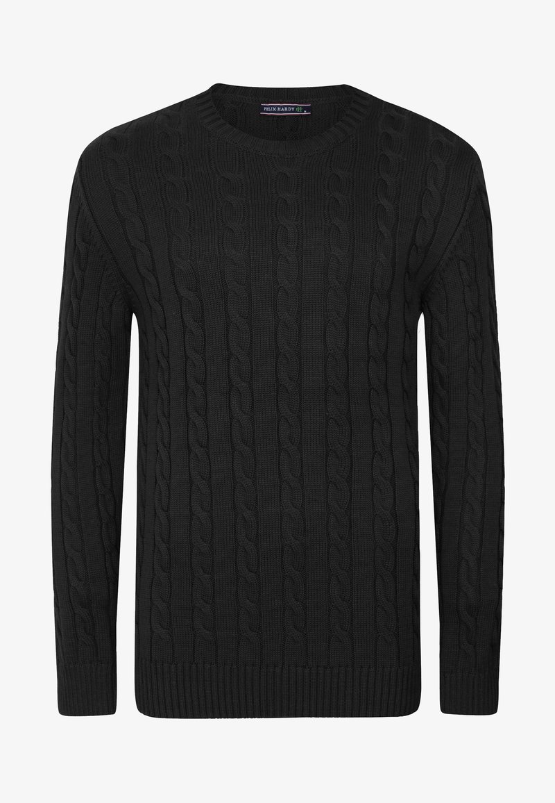 Pull noir en maille torsadée avec un col et des poignets côtelés. Présente un motif texturé avec des blocs en relief et une finition en tissu lisse.