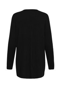 Pull noir à manches longues et col rond, montré de dos, avec un ourlet droit et une coupe décontractée.