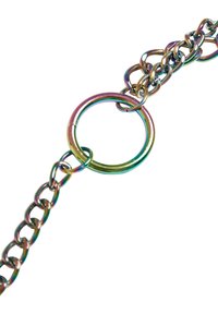 Metallkedja med en regnbågsmetallisk finish, med sammanlänkade länkar och en stor cirkulär ring, mot en vit bakgrund.