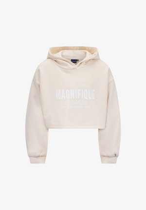 Felpa corta color crema con cappuccio regolabile. Presenta testo bianco: "SALON DE DANSE MAGNIFIQUE LE MARAIS 198 RUE DE ROSIERS-PARIS." Texture morbida.