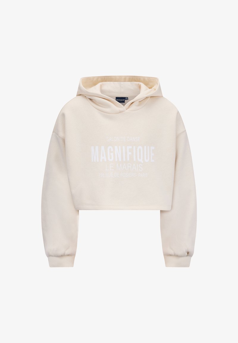 Felpa corta color crema con cappuccio regolabile. Presenta testo bianco: "SALON DE DANSE MAGNIFIQUE LE MARAIS 198 RUE DE ROSIERS-PARIS." Texture morbida.