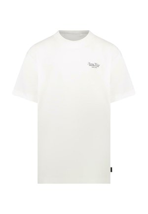Witte T-shirt met korte mouwen en ronde hals, met een klein zwart "Sunny Waves Collective" tekstlogo op de linkerborst.