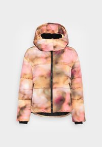 Giubbotto imbottito con cappuccio, caratterizzato da un motivo multicolore nei toni del rosa, arancione e marrone. Chiusura frontale con zip, dettagli neri sui polsini.