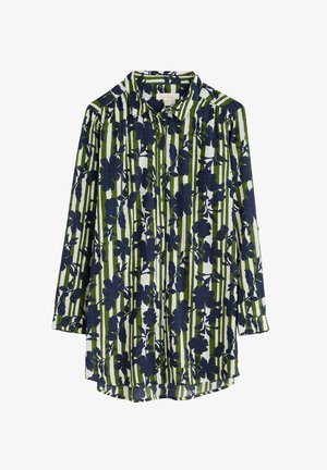 Paidat, jossa on vihreä- ja valkoaraitapaino, jossa on rohkeita laivastonsinisiä kukkia. Kevyestä kankaasta valmistettu, pitkät hihat ja kauluspaita.