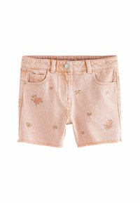 Shorts di denim rosa chiaro con orlo sfrangiato, caratterizzati da ricami floreali in verde, rosso e giallo. Stile a cinque tasche con chiusura a bottone.