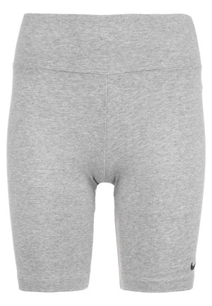 Szare sportowe spodenki rowerowe z wysokim stanem, z małym czarnym logo Nike Swoosh na dolnej lewej nogawce.