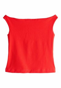 Czerwona bluzka na ramiączkach wykonana z miękkiego materiału. Dopasowany krój z krótkimi rękawami, bezszwowe boki i prosty dół.