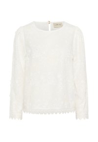 Blusa bianca a maniche lunghe con ricami floreali. Presenta un collo rotondo, orlo a scallop e chiusura a chiave sul retro con un accento dorato.