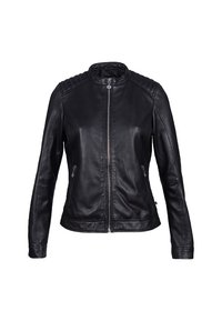 Veste en cuir noire avec une fermeture éclair à l'avant, des poches latérales zippées, des épaules rembourrées et un col montant court.