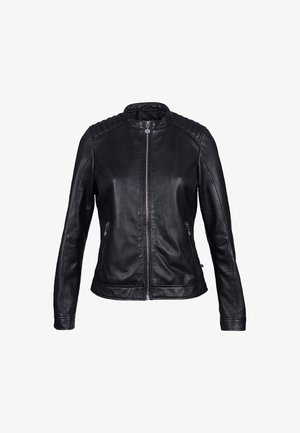 Giacca di pelle nera con zip anteriore, tasche laterali con zip, spalle imbottite e colletto corto alla coreana.