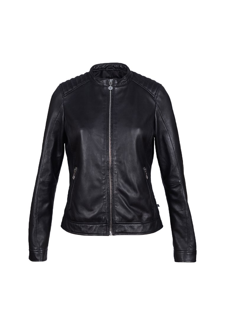 Veste en cuir noire avec une fermeture éclair à l'avant, des poches latérales zippées, des épaules rembourrées et un col montant court.