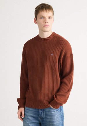 Roestkleurige ribbeltrui met een ronde hals en lange mouwen. Heeft een klein blauw logo op de borst. Draagt met lichtblauwe jeans.