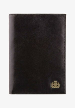 Black leather wallet with a smooth texture, featuring a gold emblem at the bottom corner and visible stitching along the edges.