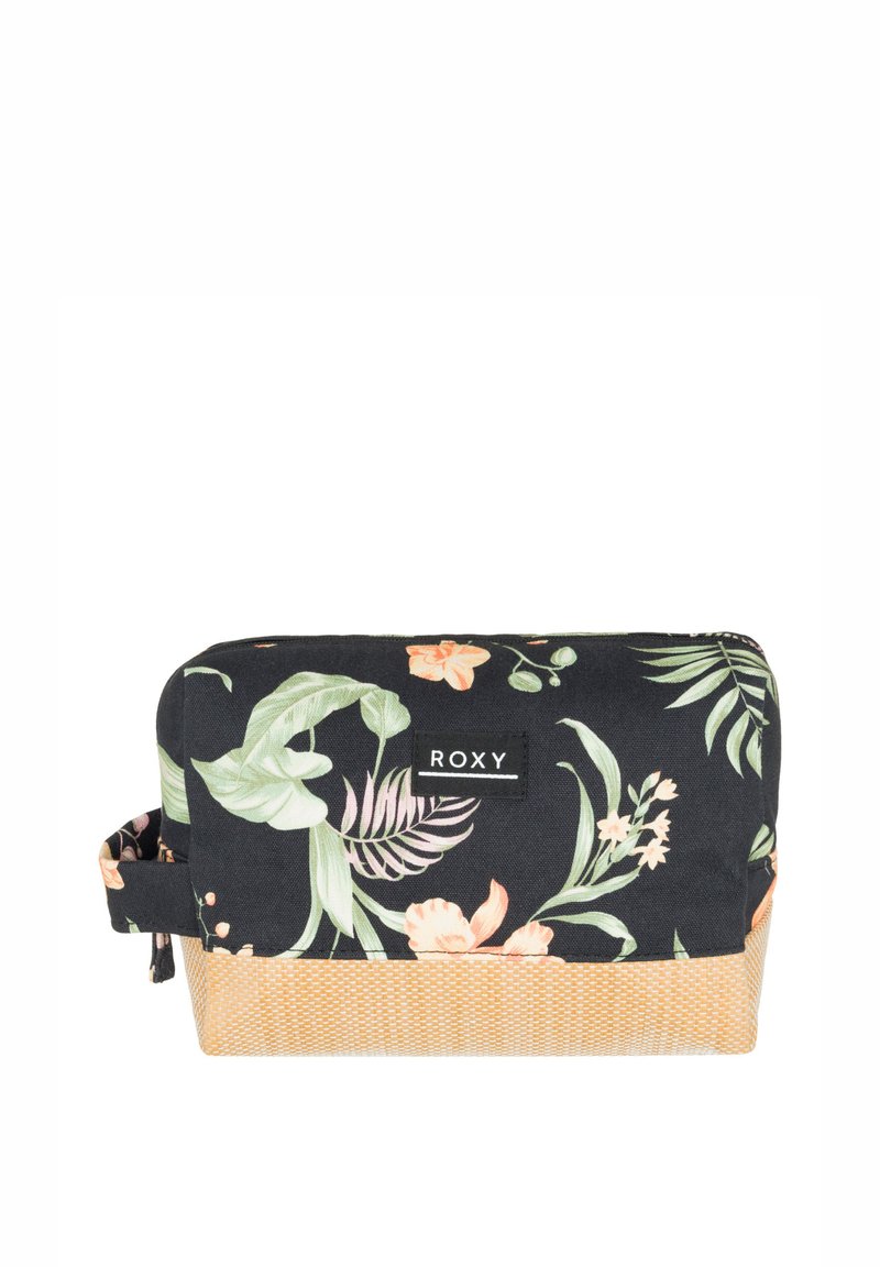 Blommönstrad kosmetikväska med svart bakgrund, prydd med gröna blad och rosa blommor. Texturerad gul botten och logopatch.