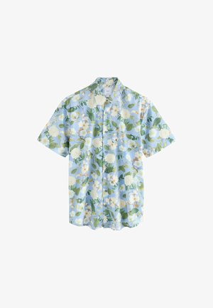 Lühikeste varrukatega helesinise kangaga nööbitav särk, mis on kaunistatud valgete lillemotiivide ja roheliste lehemustritega, kraega kaelusega ja lõdva lõikega.