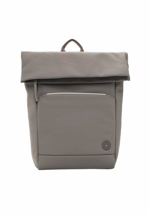 Gray roll-top backpack made of smooth, durable material. Features a front zippered pocket and a circular logo badge on the lower corner.