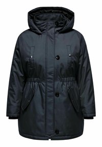 Mörk, isolerad parkas med huva, med en åtstramad midja, framknappar och två sidofickor. Slät, blank tygfinish.