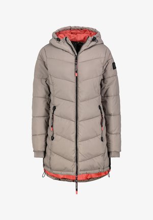 Puffer jacket in light gray with a coral lining and accents. Features a hood, zippers, and drawstrings. Diagonal quilted design throughout.