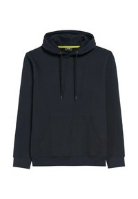 Czarna bluza z kapturem, z przednią kieszenią kangurką i sznurkiem w kapturze, prosta konstrukcja z subtelnym logo marki na piersi.