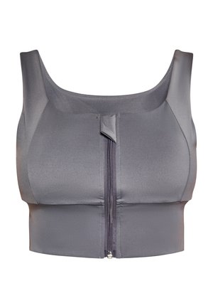 Pelēks sporta krūšturis ar izgriezumu, platām siksnām un priekšējo rāvējslēdzēju. Gluda, elastīga auduma konstrukcija ar īsu dizainu.