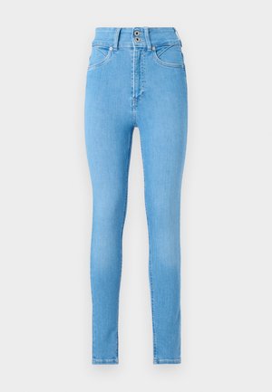 Tynne jeans i lys blå denim, høy midje med to-knaps lukking, fem-lommers stil og glatt tekstur.