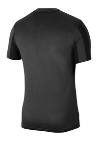 Schwarz kurzärmliges Sportshirt aus strukturiertem Stoff. Verfügt über einen runden Halsausschnitt und kontrastierende schlichte schwarze Seitenpaneele.