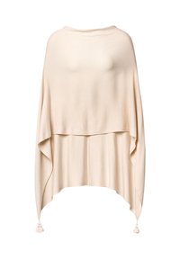 Lichtbeige gebreide poncho met een gelaagd ontwerp, brede mouwen en decoratieve franjes aan de onderkant. Gladde textuur en een losse pasvorm.