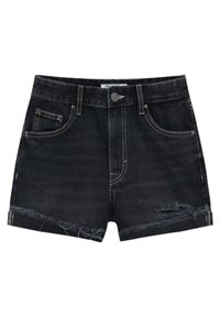 Pantalones cortos de denim negro con cintura alta, dobladillo desflecado y detalles desgastados. Con bolsillos frontales y costuras en contraste.