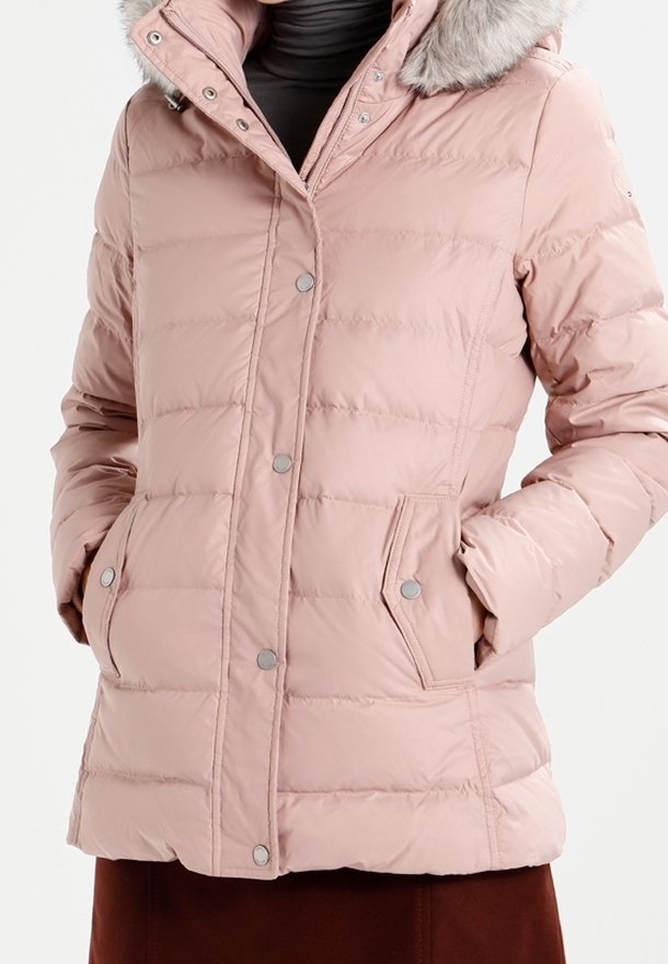 Padded pink winter jacket with a fur-lined hood, snap buttons, two front pockets, and a quilted texture.