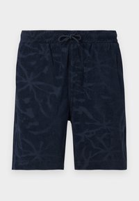 Ανδρικά σορτς σε ναυτικό μπλε με ελαστική μέση, κορδόνι και διακριτικό λουλουδάτο σχέδιο, μήκος μέχρι το γόνατο, casual στυλ.