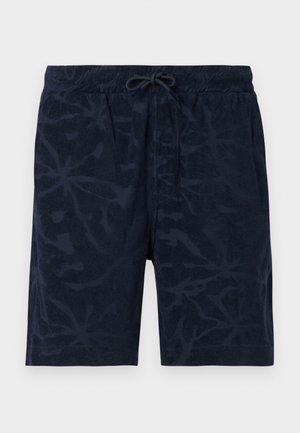Ανδρικά σορτς σε ναυτικό μπλε με ελαστική μέση, κορδόνι και διακριτικό λουλουδάτο σχέδιο, μήκος μέχρι το γόνατο, casual στυλ.