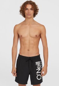 Schwarze Schwimmshorts mit Kordelzugbund, mit weißem O'Neill-Logo und Textdesign an der Seite, weicher Textur und klassischem Schnitt.