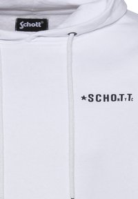 Felpa bianca in cotone, con tasca frontale, cordini e un logo del marchio nero con "SCHOT" e "T" in lettere in grassetto.
