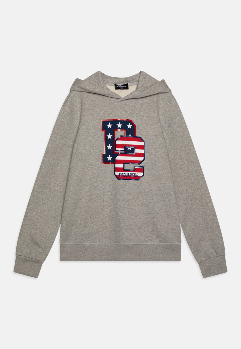 Grå sweatshirt med huva, med en stor röd, vit och blå grafisk logotyp på framsidan, inklusive stjärnor och ränder som designinslag.