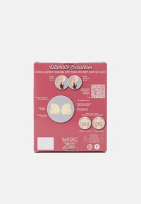 Push-up bra cups in light beige, made of ultra-thin material. Packaged on a pink background with illustrations and QR code.