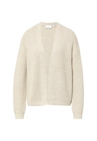 Licht beige cardigan van gestructureerde breigoed, met een diepe V-hals, open voorkant en lange, losse mouwen. Geen sluitingen zichtbaar.