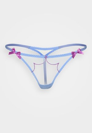 Blue sheer mesh thong with lavender accents, featuring scalloped edges and small purple bows on both sides.