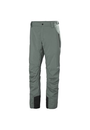 Wodoodporne spodnie narciarskie w jasnoszarym kolorze z czarnym akcentem na dole, wyposażone w kieszeń na zamek, bezpieczny pas i wyprofilowane kolana.