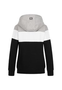 Huvtröja med en grå, vit och svart färgblockdesign. Har en mjuk tygkvalitet, en kenguruficka samt ribbad mudd och nederkant.