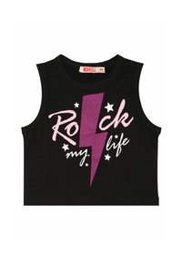 Top corto senza maniche nero con una grafica di un fulmine glitterato rosa e viola, che presenta la scritta "Rock my life" e piccole stelle bianche.