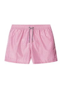 Różowe kąpielówki w wzory z elastycznym paskiem w talii i sznurkiem, z powtarzającym się geometrycznym wzorem i gładką teksturą.