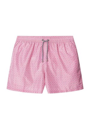 Bañador rosa con estampado, con cinturilla elástica y cordón ajustable, que presenta un diseño geométrico repetido y una textura suave.