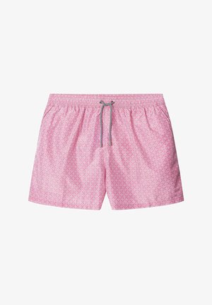 Roze gestreepte zwemboxers met een elastische tailleband en trekkoord, voorzien van een herhaald geometrisch patroon en een gladde textuur.