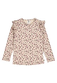 Long-sleeve cream top with a floral pattern in pink and black; features ruffled accents along the shoulders. Made from soft textile material.
