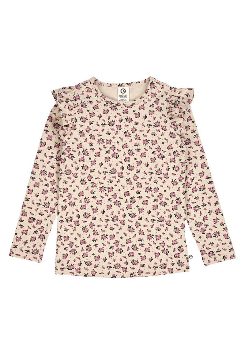 Long-sleeve cream top with a floral pattern in pink and black; features ruffled accents along the shoulders. Made from soft textile material.