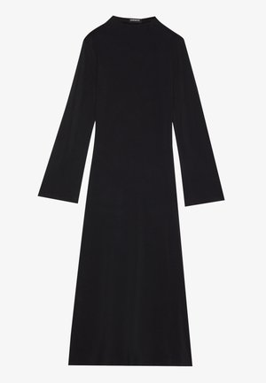 Vestido preto de mangas longas feito em tecido canelado, com um decote alto e uma silhueta evasé com um corte a meio comprimento.