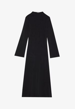 Vestido preto de mangas longas feito em tecido canelado, com um decote alto e uma silhueta evasé com um corte a meio comprimento.