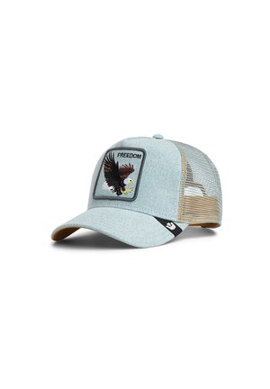 Gorra camionera de malla azul clara y beige con un parche bordado de un águila volando y la palabra "FREEDOM" en el panel frontal.