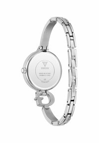 Montre en acier inoxydable avec une finition argentée, boîtier rond, bracelet à maillons et fermoir arborant le logo de la marque. Conception étanche.