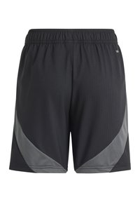 Schwarze Sportshorts mit einem elastischen Bund, ausgestattet mit geometrischen grauen Akzenten und einem strukturierten Stoff. Designed für Komfort und Leistung.